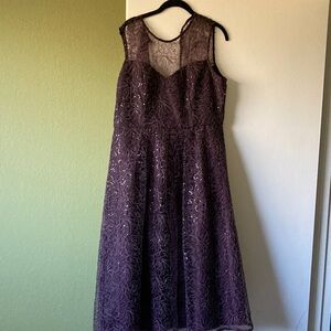 Donna Karan Elegant Sequin Sheer Shoulders Midi Dress in Purple